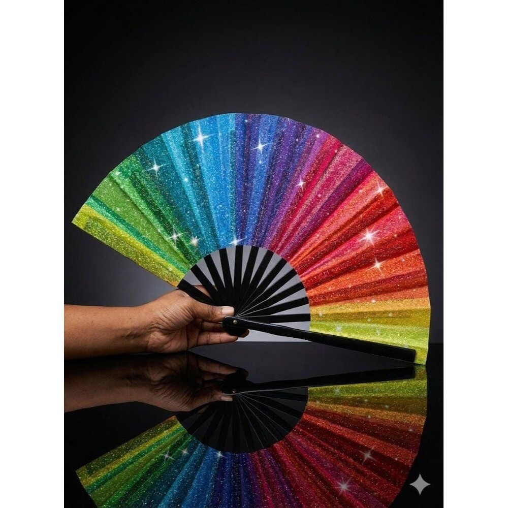 Rainbow Glitter Clack Fan: Oversized Folding Hand Fan